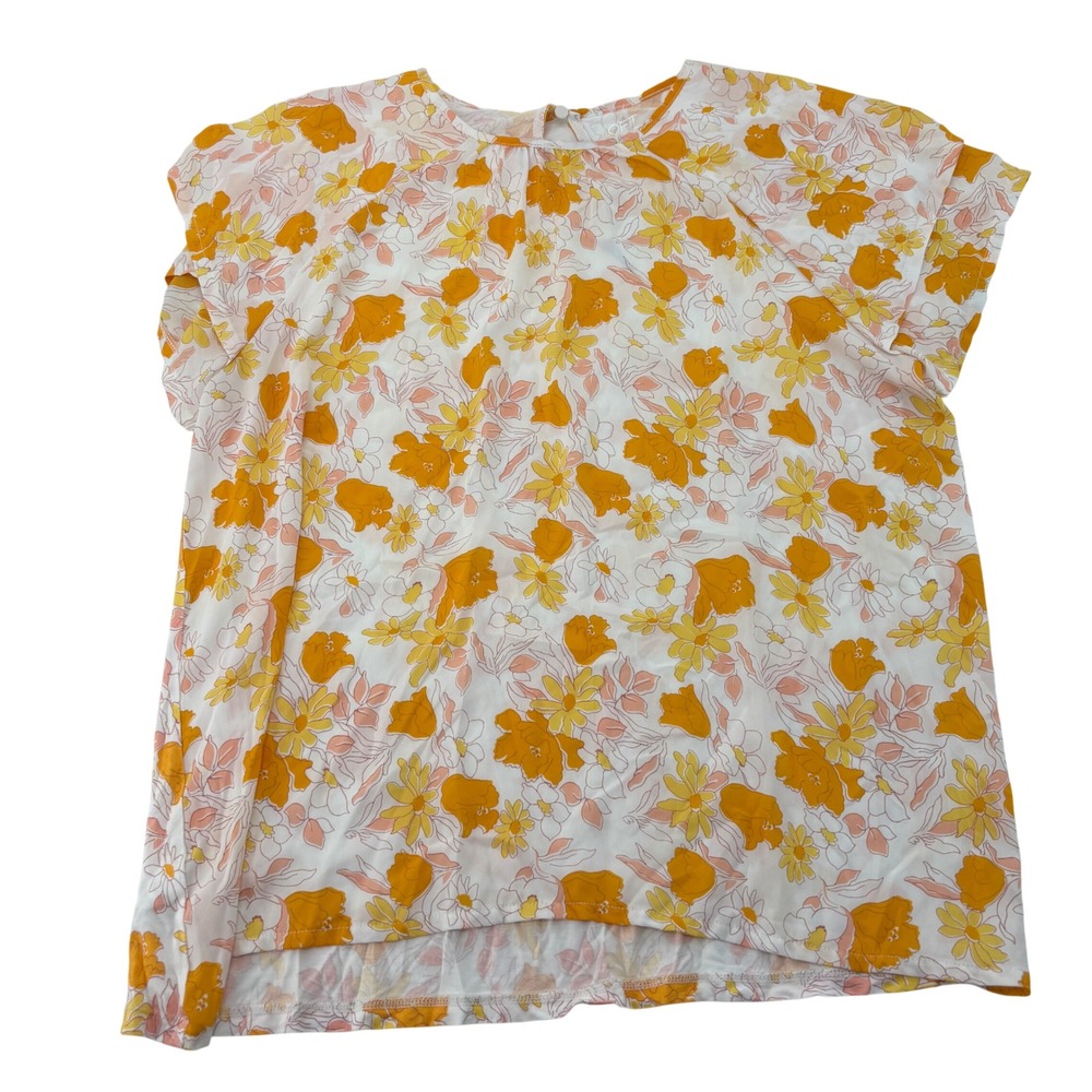 Loft‎ Outlet Womens Floral Mixed Media Blouse Orange Yellow Short Sleeve Top L